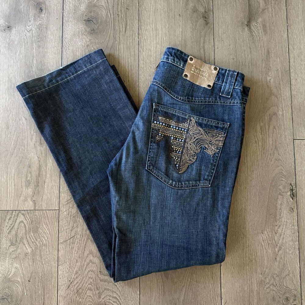 VTG Antik Denim Jeans Mens 32 Blue 90s Baggy Skater Embroidered Pocket Stud
